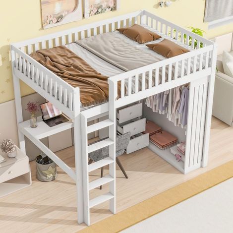 Lit mezzanine 140x200 cm avec bureau et armoire intégrée, 3 tiroirs, escalier — blanc (sans matelas)