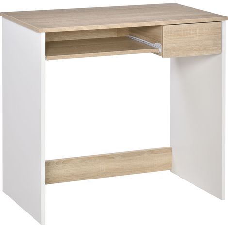 Bureau PC en bois avec étagère clavier, blanc et chêne, 120x60x75 cm