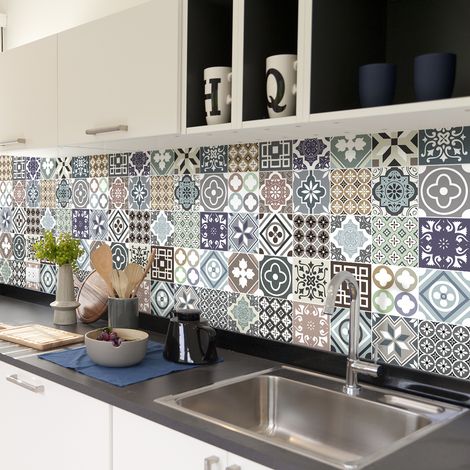 Sticker Mural Carrelage adhésif Cuisine Salle de Bain - 30 STICKERS CARREAUX DE CIMENT TIAHA - 30stickers20x20cm (1/5)