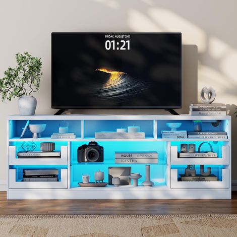 Mobile TV per TV fino a 65 pollici, TV basso con illuminazione a LED e presa multipla, mobile televisivo con 4 cassetti in vetro, mobile portatile TV bianco per soggiorno