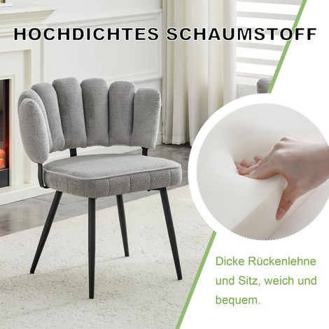 2 Chaises de salle à manger style scandinave minimaliste, dossier fleur, revêtement en velours gris clair texturé, pieds métalliques noirs, hauteur 80 cm, pour salon ou espace repas. (1/5)