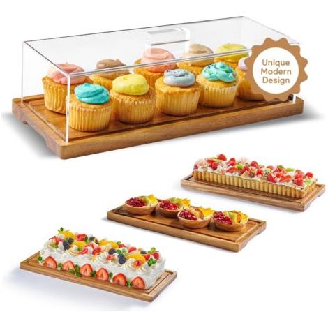 Présentoir à gâteaux avec couvercle – Présentoir à desserts en bois d'acacia et planche à charcuterie en bois pour gâteaux, pain, pâtisseries, fromage, grand plateau rectangulaire en bois, 15 x 6,25 p (1/5)