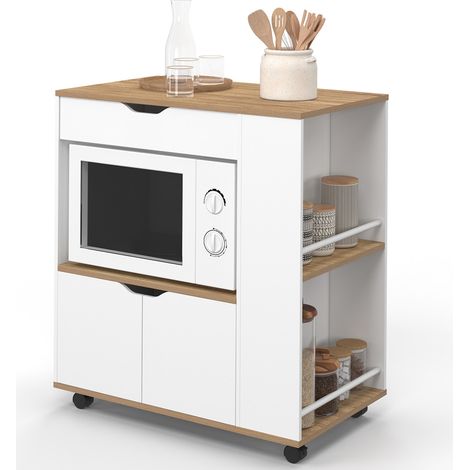 Mikrowellen-Küchenwagen COSI Schrank mit Schublade und Gewürzregal aus weißem Holz und Buchenholzplatten B.76 cm