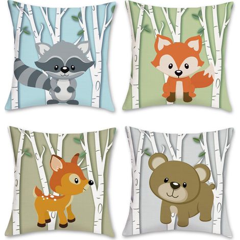 Lot de 4 Housse de Coussin Animaux 45 x 45 cm Jungle et Bouleau Enfants Polyester Lin Décoratif Taie d'oreiller pour Canapé Lits Chaises Voiture Salon Maison Décor (1/5)