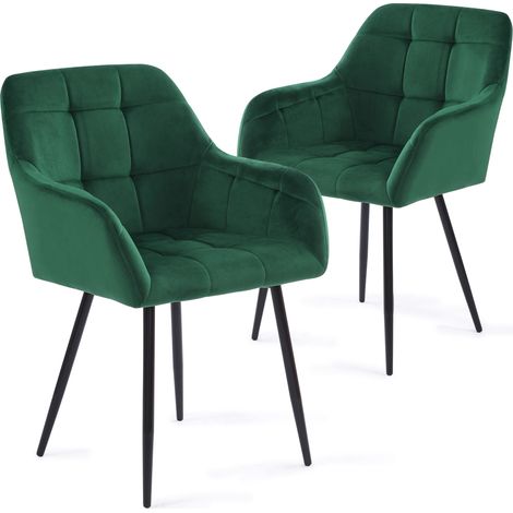 Futurefurniture – Lot de 2 chaises de salle à manger en velours vert – Dossier incurvé et coussins épais – Base en métal robuste – Hauteur 84 cm