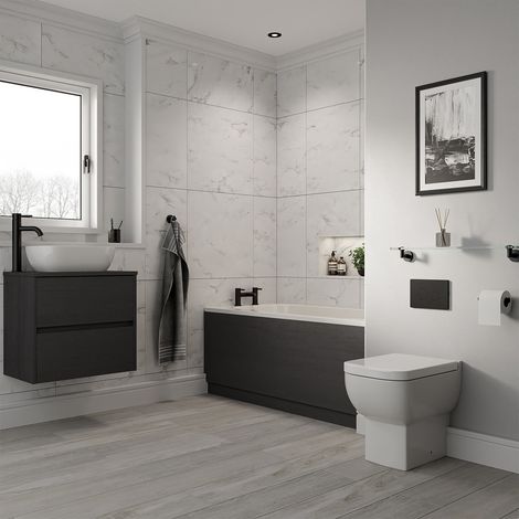 Alford 1400mm Steel Straight Single Ended Bathroom Suite including Matt Black Flush Plate Back to Wall Toilet and Graphite Grey Vanity Unit with Countertop Basin (1/5)