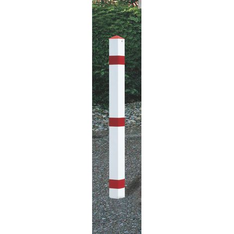 Potelet de blocage acier rouge-blanc avec manchon à sceller dans le sol avec embout pointu (1/2)