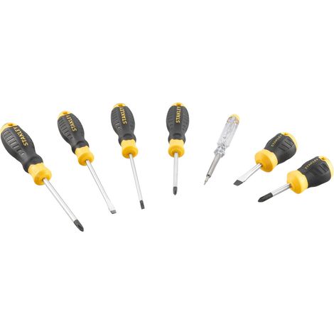 STANLEY juego destornilladores cushion grip 7p stanley , El STANLEY® CUSHION GRIP Juego de destornilladores Phillips acampanados con comprobador de tensión es un conjunto de he (1/4)