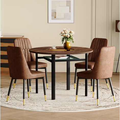 Conjunto de mesa de comedor redonda de 100 cm con 4 sillas de tela marrón y patas metálicas negras (1/5)