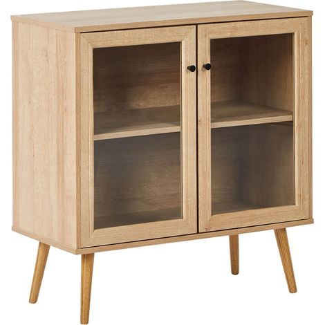 Credenza a 2 ante e 1 ripiano Gambe in particelle di legno di pino Vetro frontale Legno chiaro Albany