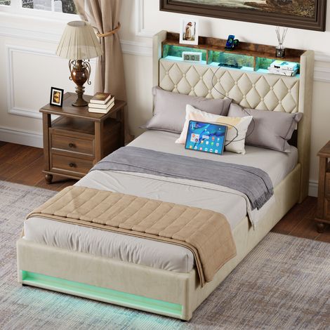 Letto imbottito beige 140x190 cm con vano portaoggetti a pistone a gas, illuminazione LED, porta USB, telaio metallico stabile e bordi arrotondati (1/5)