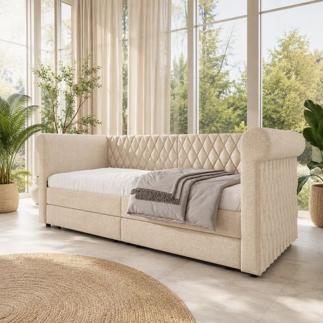Divano letto 90x200 cm in lino beige con 2 cassetti, senza materasso – MEUBLIV (1/5)