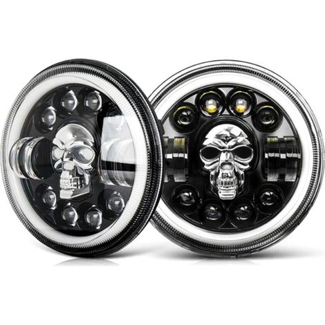 (1pcs)Phare De Moto 7 Pouces Phare Rond De Moto LED Phare Oeil D'ange Motif Tête De Crâne éclairage Blanc Pour Modification Universelle De Moto