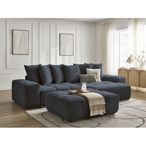 BOBOCHIC - Canapé d'angle convertible réversible coffre ANAKIN tissu bouclette avec pouf Réversible Bleu foncé (1/5)