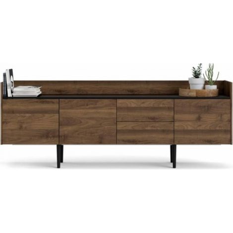 Abitare – Buffet 195 x 40 cm noir mat et noyer – 3 portes et 2 tiroirs – Panneaux composites en bois – Design rétro élégant (1/5)
