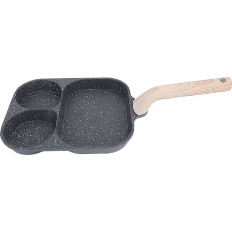 Padella per uova a 3 scomparti, antiaderente, con fondo piatto, ideale per la colazione, con manico resistente al calore, per frittata doppia con bistecca, colore nero. (1/5)