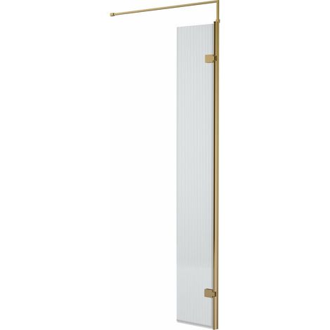 Balterley Shebdon Contemporary Bathroom 8mm Fluted Glass Swing Return Wetroom Screen with Support Bar, 1950 x 322 x 27mm, Brushed Brass