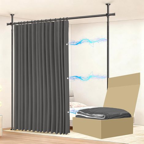 Lot complet de rideaux de séparation de pièces, idéal pour les appartements en location, les bureaux temporaires et les appartements (1 rideau gris H 213 x l 270 cm, tringle H 109-305 x l 89 (1/5)