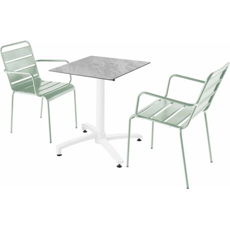 Ensemble table terrasse stratifié marbre et 2 fauteuils vert sauge (1/5)