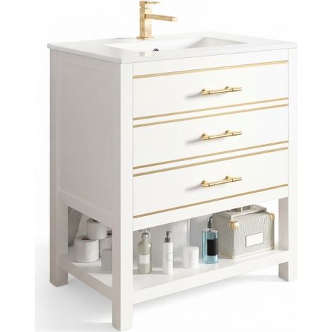 ELVMI Mobile sottolavabo con 2 Cassetti, Vano aperto e Lavabo in Ceramica, MDF Bianco e Oro, 76 x 46.5 x 86 cm (1/5)