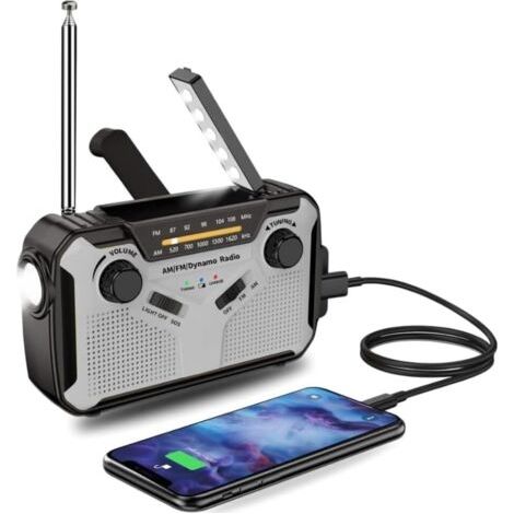 Radio portable, radio de survie, chargeur solaire, générateur et manivelle, météo d'urgence FM/AM, gris (1/5)