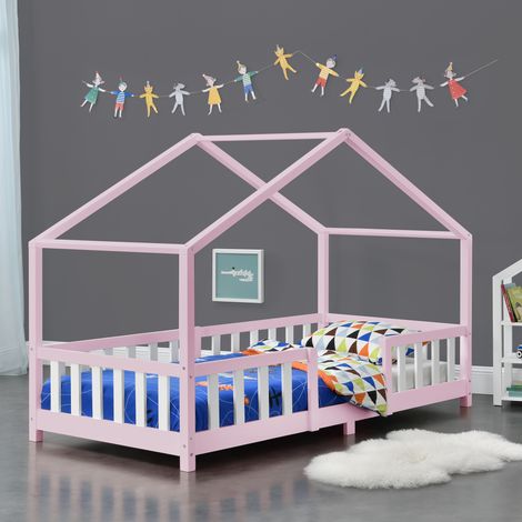 Letto per Cameretta Treviolo a Forma di Casetta in Stile Montessori 90x200 cm Rosa/Bianco [en.casa] (1/5)