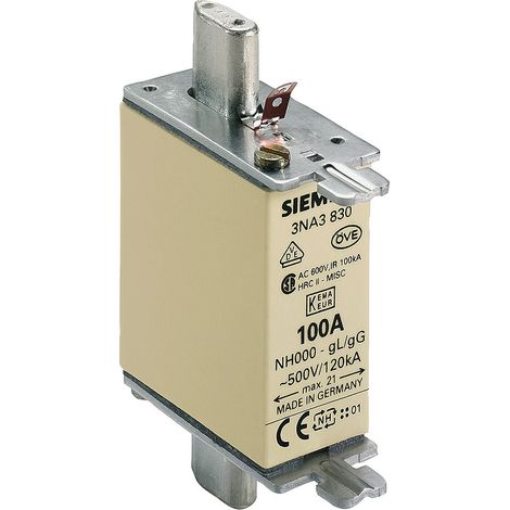 Siemens Cartucho fusible NH, NH000, In: 100 A, gG, Un AC: 500 V, Un DC: 250 V, 3NA3830