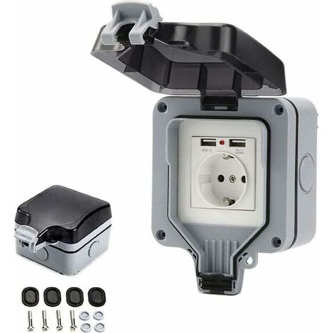 Enchufe impermeable IP66 con puertos USB, toma de corriente exterior con tapa, caja de enchufe de pared para jardín, garaje, piscina.