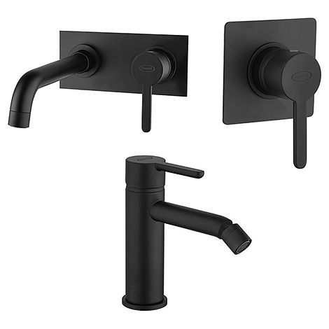 Set Rubinetti Jacuzzi per lavabo a parete con piastra e bidet senza scarico e doccia incasso serie Sunset YO nero opaco (1/5)