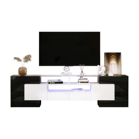 Meuble TV élégant, modèle bas. Blanc et noir laqué, 200 cm, éclairage LED. Mobilier de salon. Design moderne. Plateau en verre raffiné.