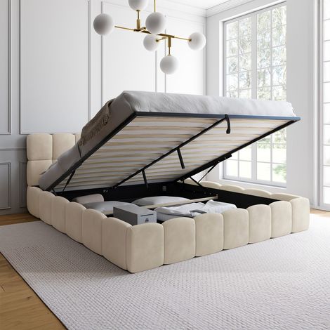 Cama de matrimonio NUAGE con cabecero acolchado y somier de terciopelo beige de 180 x 200 cm (1/5)