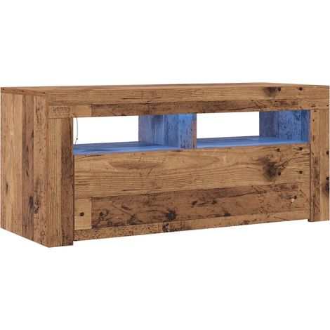 Meuble TV flottant avec lumières LED ambiance moderne 90 x 35 x 40 cm en bois d'ingénierie vieux bois (1/5)