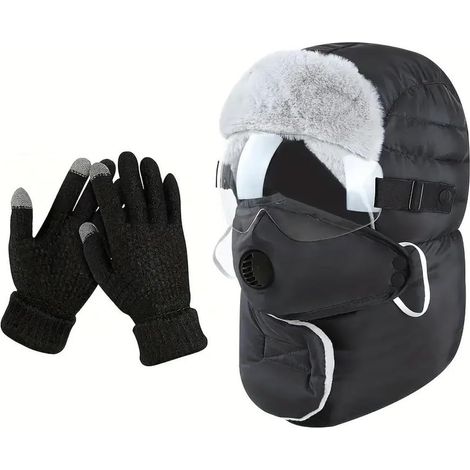 Gorro térmico de invierno para montar a caballo con guantes, protección para las orejas y cubrecuello, confeccionado con poliéster y forro de lana de oveja (negro).