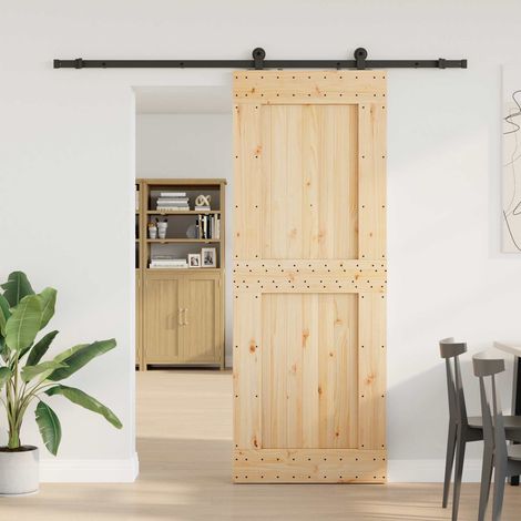 Porte coulissante d'intérieur en bois de pin massif et acier naturel et noir 85 x 210 cm, 33.95kg - PANGIVO (1/5)