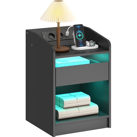 HOMCOM mesita de noche con estación de carga y luz led rgb, mesilla de noche dormitorio con cajón, estante abierto, puertos usb y control remoto