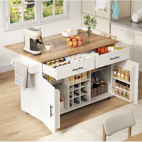 Isla de cocina FloraGrace de madera blanca, 120 x 45 x 84 cm, con almacenaje (1/5)