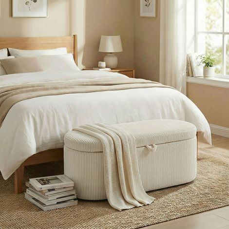 Repos-pouf rangement sellerie en velours côtelé siège rembourré banquette au bout lit - Dimensions: 105x51x49 cm - Couleur: Beige