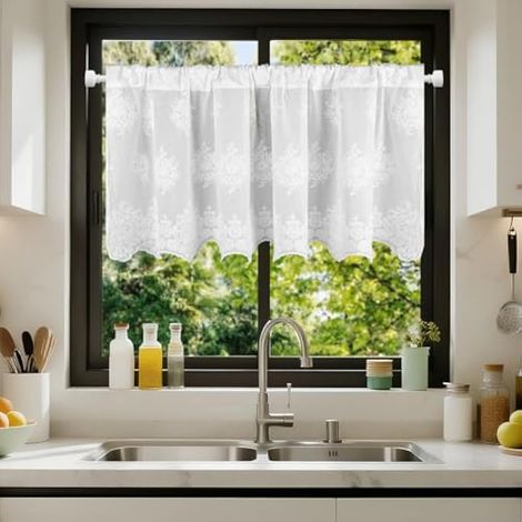 Rideau brise-bise en coton pour style maison de campagne, rideaux courts semi-transparents, technique de broderie, H 45 x l 90 cm, 1 pièce (1/5)