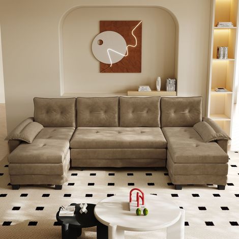 Canapé U-Form Chenille Khaki 278 cm, Schlafsofa mit USB-Anschluss und abnehmbaren Armlehnen