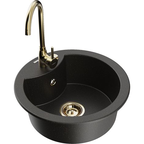 Mexen Diego fregadero de granito 1 recipiente con grifo de cocina Telma, negro/dorado - 6512-75-670200-50 (1/5)