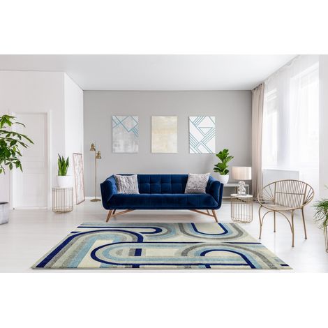 Nova Retro NV30 Rug Vintage Modern for Living Room Bedroom Dining Room Geometric Stripes Pattern Blue Grey Rug in Large 160x230 cm (5'3"x7'7") (1/4)