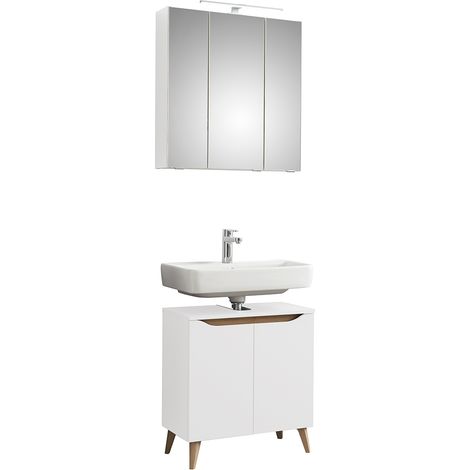 Badezimmer Waschplatz Set mit Füßen in Holzoptik QUEIMADOS-66 in Weiß Glanz mit Weiß Hochglanz, B/H/T ca. 65/200/33 cm (1/5)