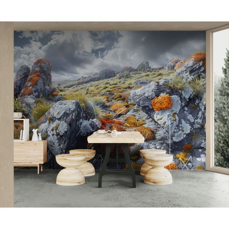 Papier peint paysage – Rochers sauvages et lichens dorés - 150 x 250 cm (1/2)