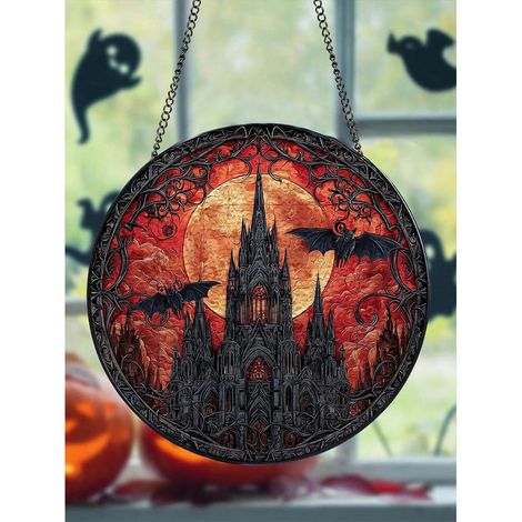 Attrape-soleil lune rouge Halloween en vitrail, 20cm, décoration sombre d'intérieur (1/5)
