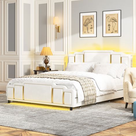 Lit capitonné 140 x 200 cm avec tiroirs, revêtement en velours beige, lit double, avec moulure dorée sur la tête et le pied de lit, design unique