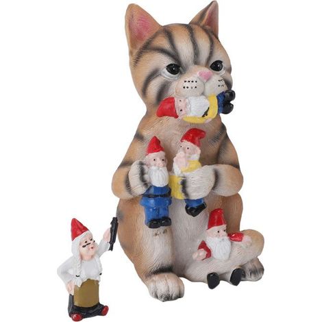 1 Statue de Nain en Résine, Résistant UV, Décoration Jardin Intérieur Extérieur avec Chat - Humoristique et Robuste