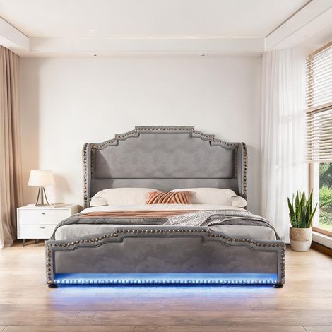 Cadre de lit coloris gris en velours 214 x 149 x 120 cm (1/5)