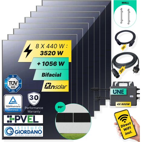ROBINSUN®️ Kit Solar Enchufable Performance Wall-90 3.520Wp, 8 paneles QN 440Wp +4 Microinversores 800W con Wifi incluído +Cable 3m + 8 Fijaciones 90º