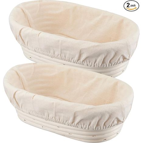 Panier À Pétrir - Panier À Fermenter Pour Pain Au Levain - En Rotin Naturel - Forme Ovale - Diamètre 25 cm - Lot De 2 Avec Doublures (1/5)