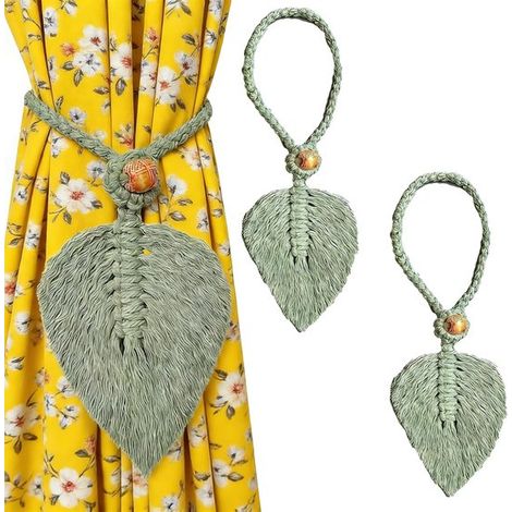 Juego de 2 alzapaños de cortina estilo boho，natural，madera，verde (1/5)